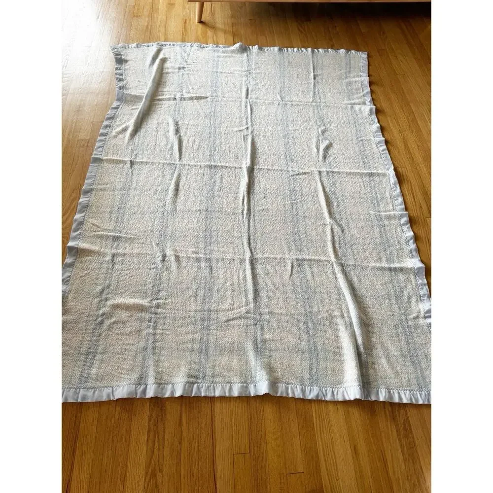 Vintage Cotton Woven Baby Blanket Blue Embroidered Waffle Satin Trim Large 68x88